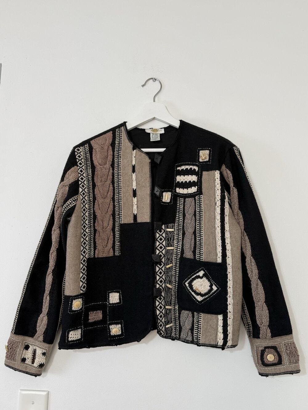 Vintage Sandy Starkman Women’s Wool Patchwork Knit Jacket Artsy Boho Size S